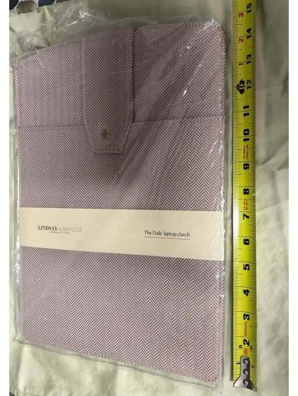 Lindsay Albanese New Tan Herringbone Laptop Clutch with Snap Tab Closure